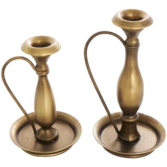 Bronze Metal Antique Style Candle Holder with Candle Plates & Handles Set